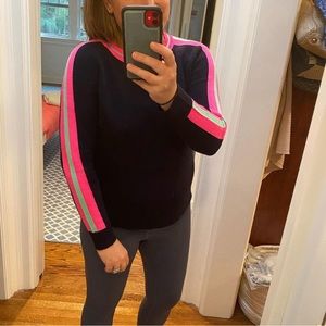 Sail to Sable navy cashmere sweater; round neck. Pink stripe on sleeve and neck